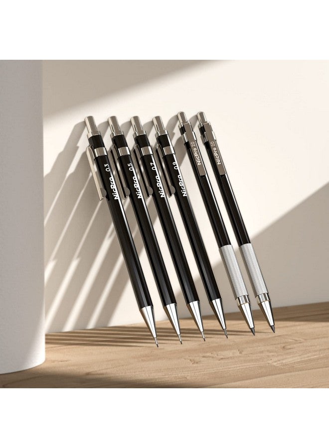Nicpro مجموعة أقلام رصاص ميكانيكية فنية مكونة من 6 قطع، قلم رصاص معدني أسود للرسم 0.3 و0.5 و0.7 و0.9 مم و2 قطعة حامل رصاص جرافيت 2 مم (4B و2B وHb و2H) للكتابة والرسم التخطيطي مع 8 عبوات رصاص وحافظة ممحاة - Image 3