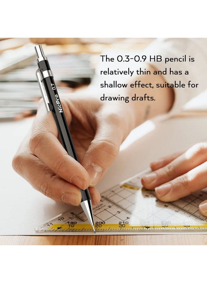 Nicpro مجموعة أقلام رصاص ميكانيكية فنية مكونة من 6 قطع، قلم رصاص معدني أسود للرسم 0.3 و0.5 و0.7 و0.9 مم و2 قطعة حامل رصاص جرافيت 2 مم (4B و2B وHb و2H) للكتابة والرسم التخطيطي مع 8 عبوات رصاص وحافظة ممحاة - Image 4