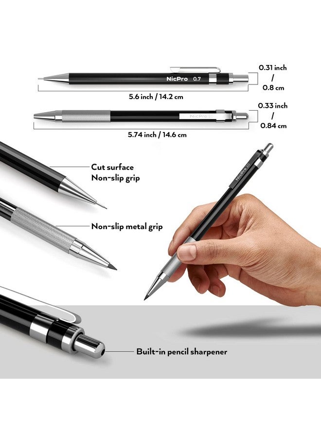Nicpro مجموعة أقلام رصاص ميكانيكية فنية مكونة من 6 قطع، قلم رصاص معدني أسود للرسم 0.3 و0.5 و0.7 و0.9 مم و2 قطعة حامل رصاص جرافيت 2 مم (4B و2B وHb و2H) للكتابة والرسم التخطيطي مع 8 عبوات رصاص وحافظة ممحاة - Image 5