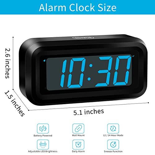 KWANWA Alarm Clock, Digital Clock, Constantly 1.2'' LED Blue Digits Display, Battery Powered, Snooze, Small Wall Clock, Desk Clock, Clock for Bedroom, Alarm Clock for Heavy Sleepers - Image 2