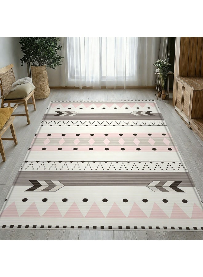 بساط أرضية مخطط هندسي عرقي، وردي باستيل ورمادي، بوليستر ناعم، غير قابل للانزلاق - Image 3