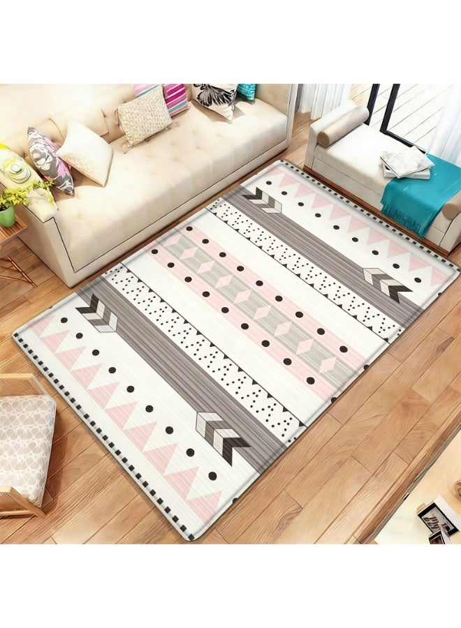 بساط أرضية مخطط هندسي عرقي، وردي باستيل ورمادي، بوليستر ناعم، غير قابل للانزلاق - Image 1