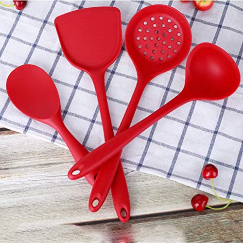 TASKHOUSE Silicone Cooking Utensils Non-Stick Kitchen Tools Spoon, Spatula, Ladle, Skimmer Heat Resistant, Easy to Clean Set – 4 Piece (Red) - Image 1
