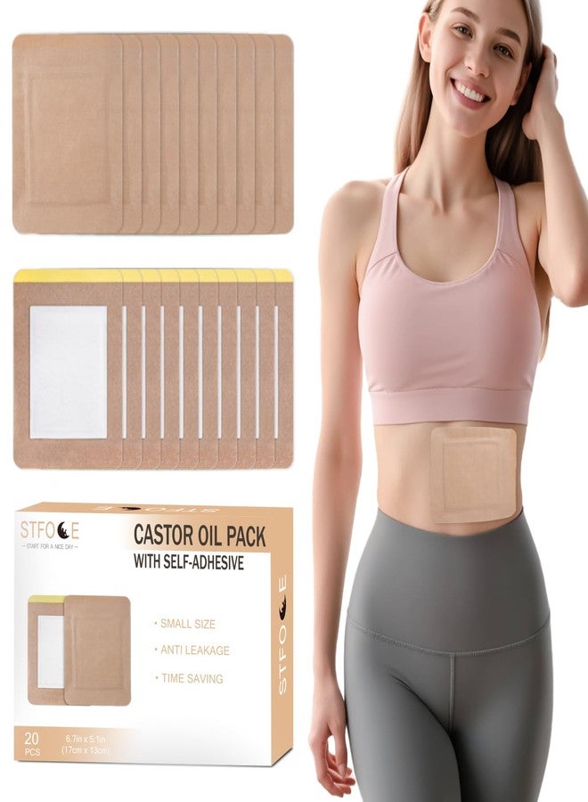 STFOCE 20pcs Castor Oil Pack Wrap, Portable Self-Adhesive, Disposable Castor Oil Pack Organic Cotton for Stomach, Liver, Belly & Entire Body, No Leaks, No Irritation, Stick Overnight (Kahaki) - Image 1