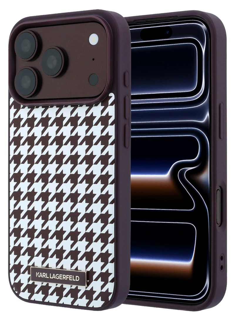 Karl Lagerfeld MagSafe iPhone 18 Pro Max/iPhone 17 Pro Max Case Smooth PU Leather Houndstooth Hard Cover with Resin Logo for iPhone
