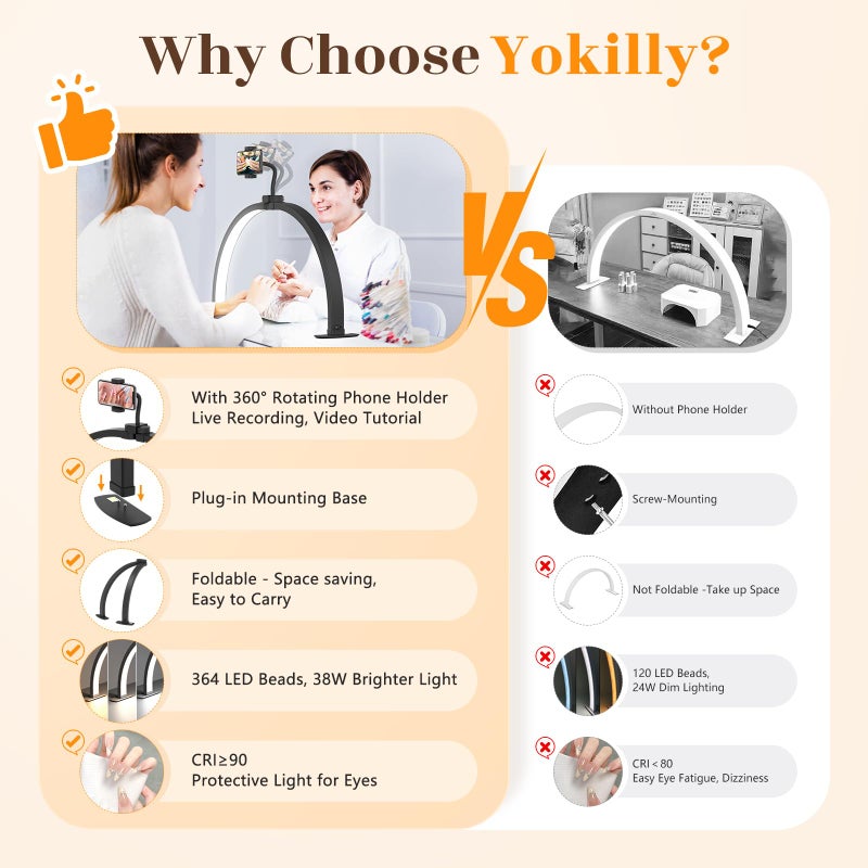 Yokilly Half Moon Light for Nail Desk: 29" Foldable Half Moon Nail Desk Lamp with Phone Holder for Beginner - Arch Tech Light with 3 Color Modes & 10 Brightness for Manicure Salon (Black, Large) - Image 2
