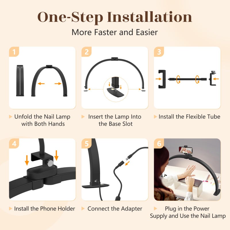 Yokilly Half Moon Light for Nail Desk: 29" Foldable Half Moon Nail Desk Lamp with Phone Holder for Beginner - Arch Tech Light with 3 Color Modes & 10 Brightness for Manicure Salon (Black, Large) - Image 5