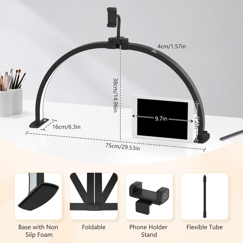 Yokilly Half Moon Light for Nail Desk: 29" Foldable Half Moon Nail Desk Lamp with Phone Holder for Beginner - Arch Tech Light with 3 Color Modes & 10 Brightness for Manicure Salon (Black, Large) - Image 4