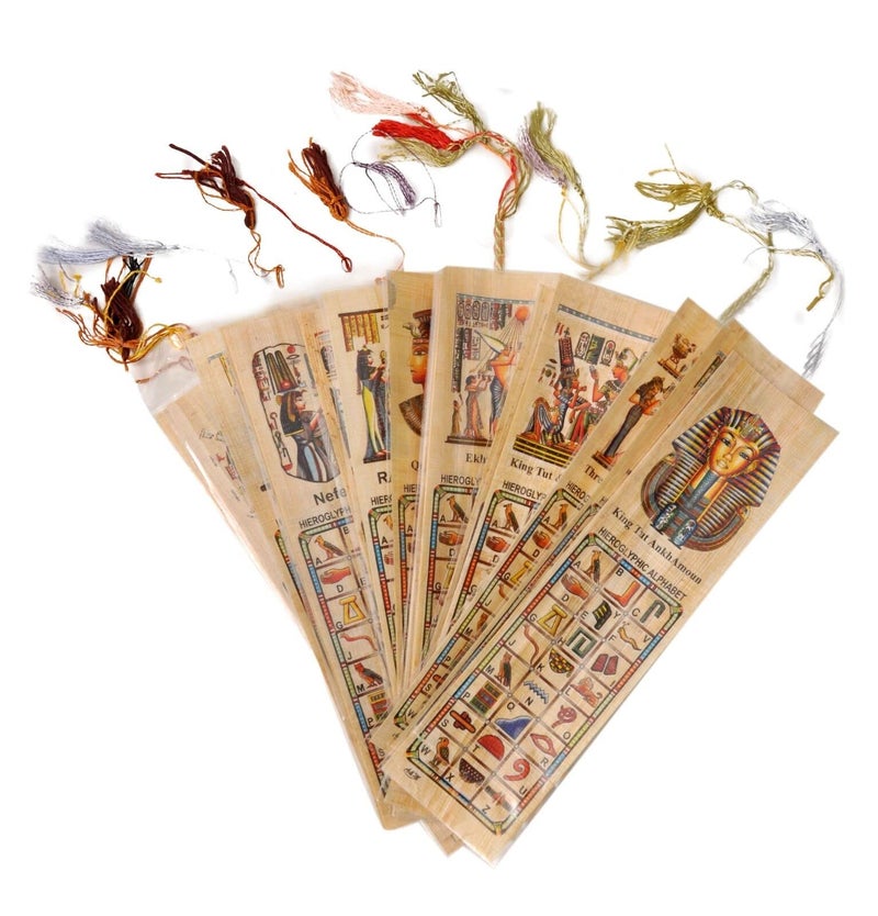 Set 15 Large Egyptian Bookmarks Book Marks Papyrus Paper 7"x2" (18x5 cm) Original Handmade Hand Painted Painting Hieroglyphic Ancient Pharaoh Alphabets Papyri Sheets Art Educational School History