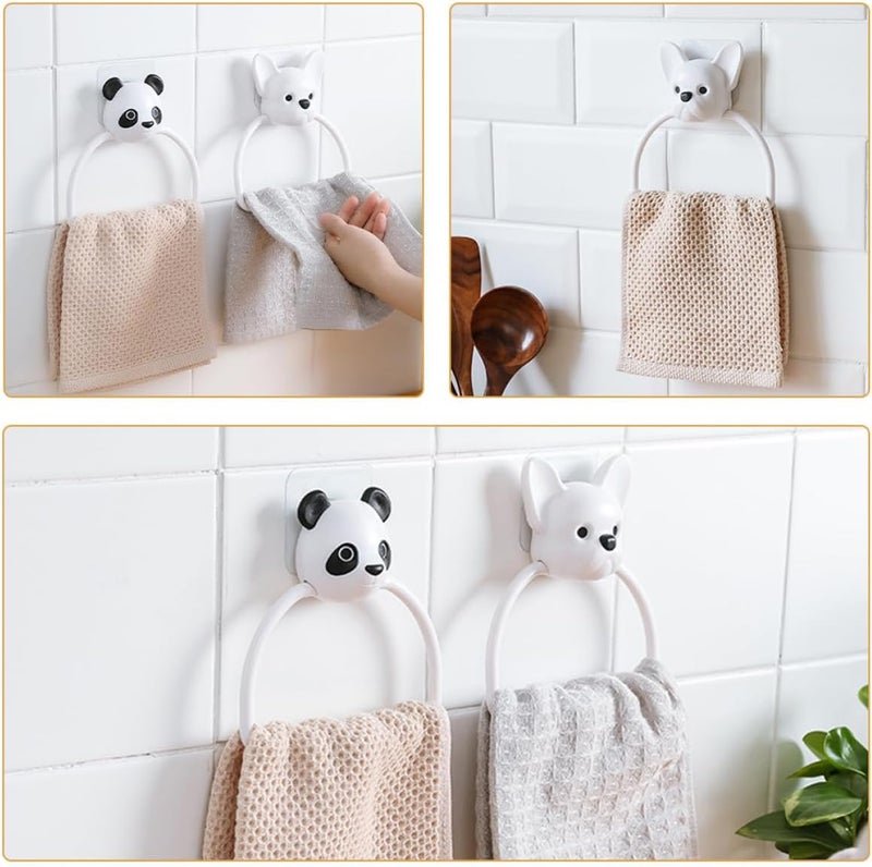 Abaodam 2pcs Cartoon Animal Towel Ring Wall-Mounted Holders, No Punching Self-Adhesive Bathroom Towel Rack Set Panda and Puppy Design for Kitchen and Bath - Image 5
