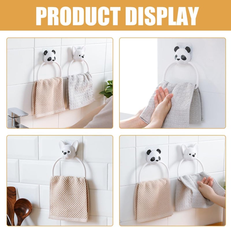Abaodam 2pcs Cartoon Animal Towel Ring Wall-Mounted Holders, No Punching Self-Adhesive Bathroom Towel Rack Set Panda and Puppy Design for Kitchen and Bath - Image 4