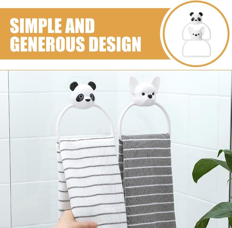 Abaodam 2pcs Cartoon Animal Towel Ring Wall-Mounted Holders, No Punching Self-Adhesive Bathroom Towel Rack Set Panda and Puppy Design for Kitchen and Bath - Image 3