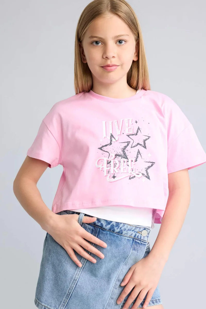 ديفاكتو Girl Crew Neck Printed Short Sleeve Pink T-Shirt
