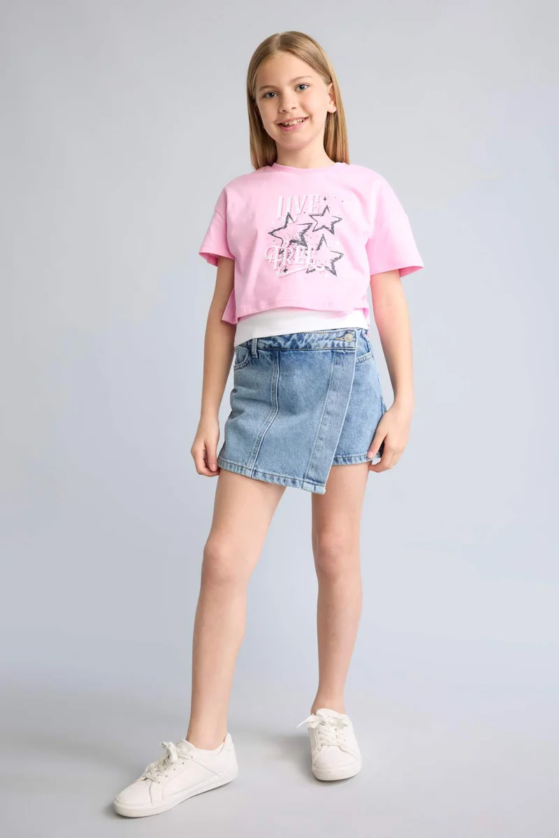 ديفاكتو Girl Crew Neck Printed Short Sleeve Pink T-Shirt