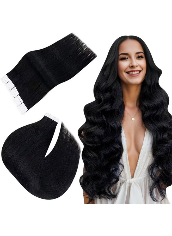 Easyouth - Black Tape In Hair Extensions Human Hair Jet Black Tape In Extensions Human Hair 18 Inch 40G 20Pcs Black Hair Extensions Tape In Human Hair - Image 1