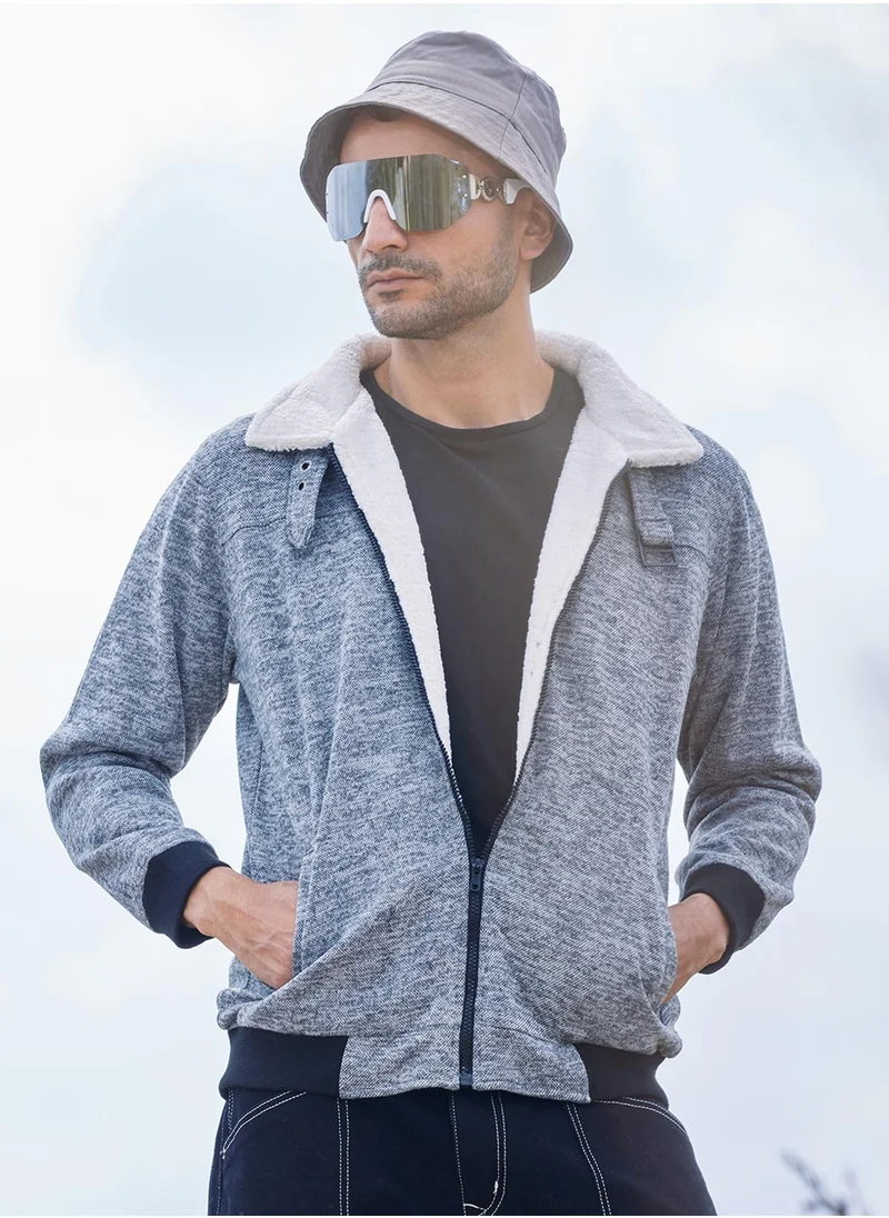 Campus Sutra Men's Light Grey Heathered Jacket With Fleece Detail
