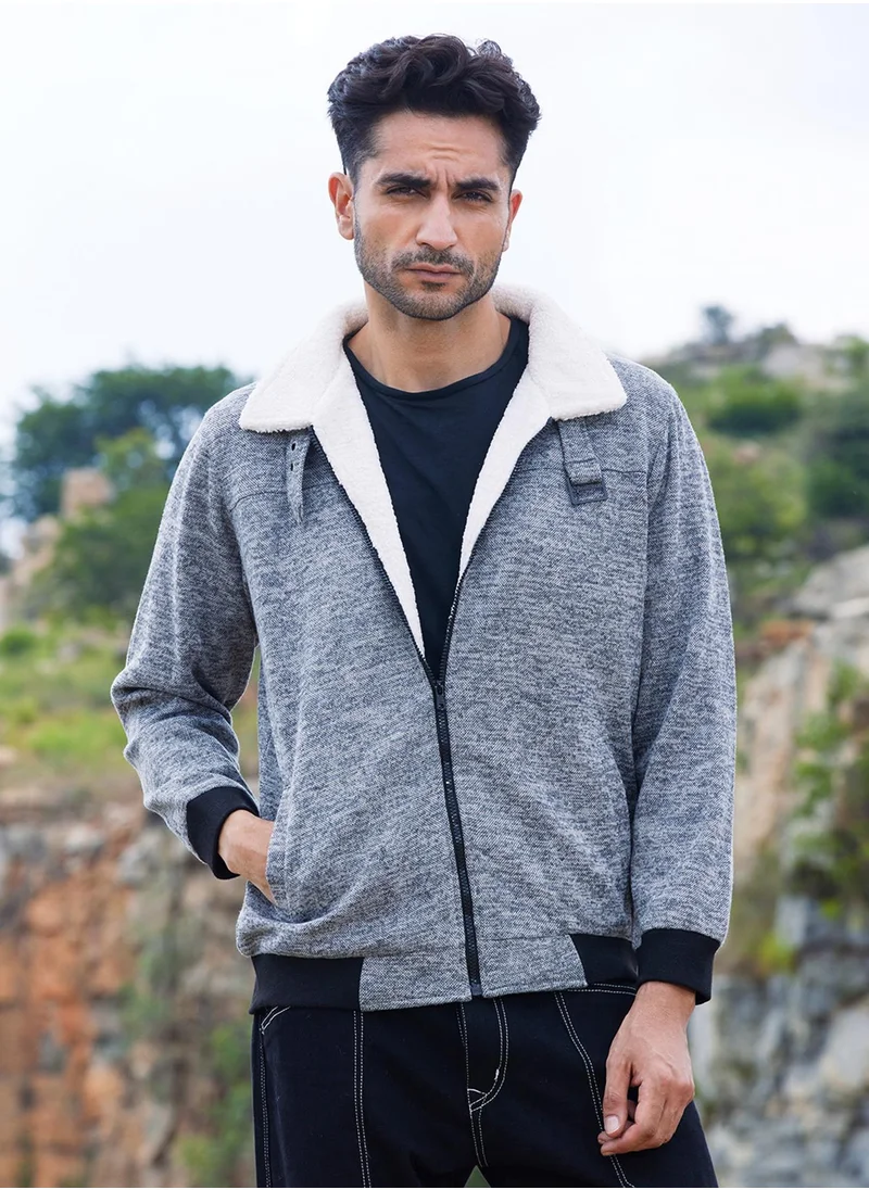 Campus Sutra Men's Light Grey Heathered Jacket With Fleece Detail