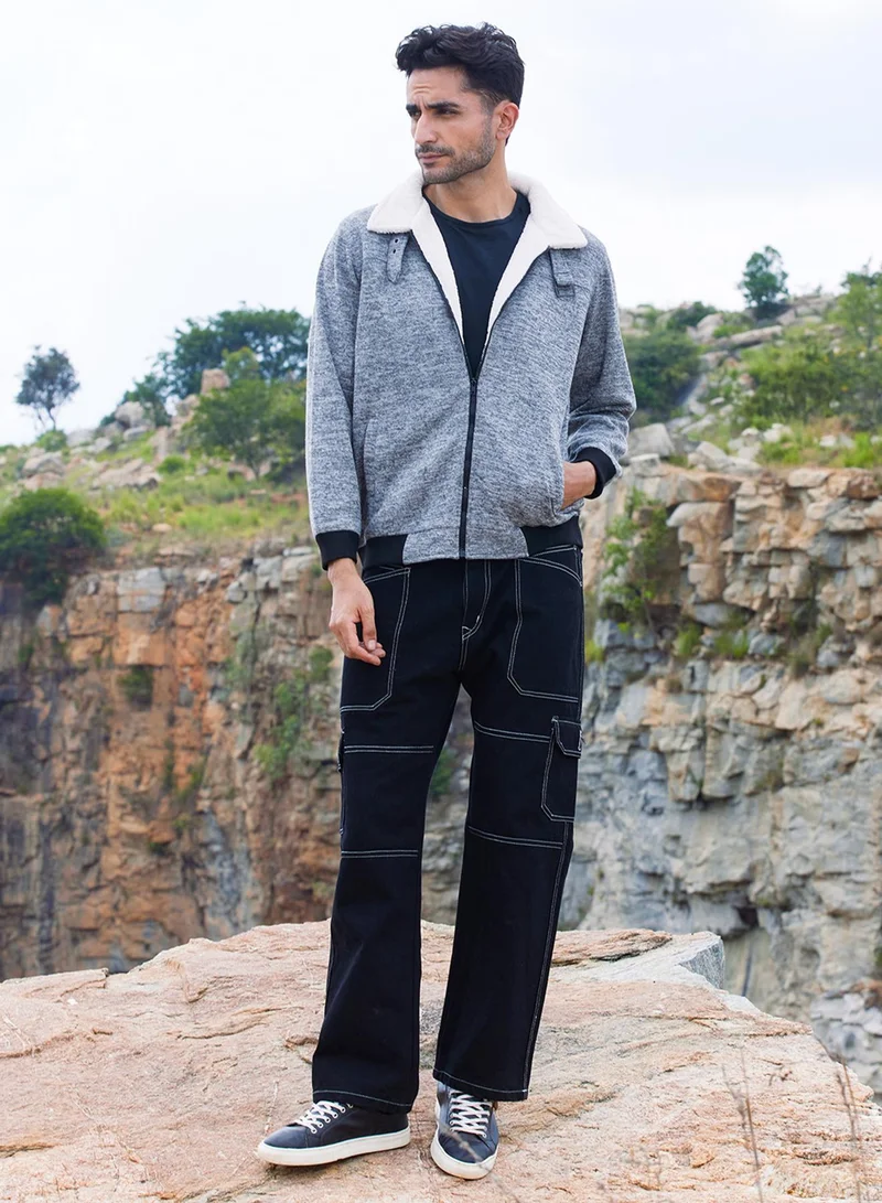 Campus Sutra Men's Light Grey Heathered Jacket With Fleece Detail