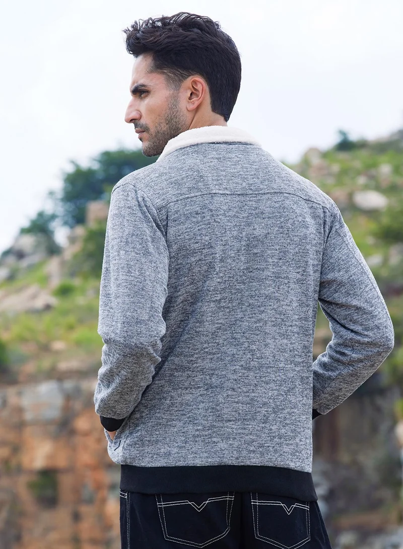 Campus Sutra Men's Light Grey Heathered Jacket With Fleece Detail