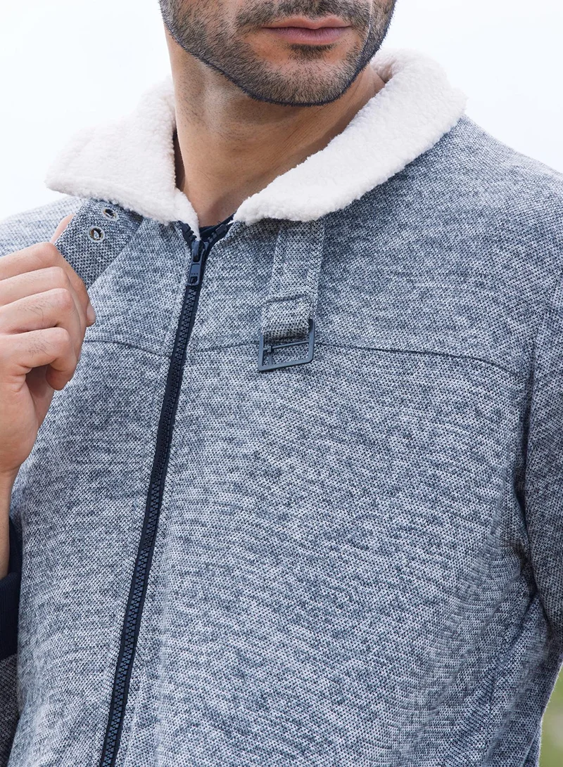 Campus Sutra Men's Light Grey Heathered Jacket With Fleece Detail