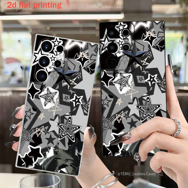 حافظة هاتف بطباعة ثنائية الأبعاد مسطحة، بتصميم أنيق وجميل وفاخر، نقشة نجوم سوداء وبيضاء مجردة مع تصاميم حلزونية متعددة الطبقات، لهاتف جالاكسي S24 بلس، ألوان مخلوطة 3 - Image 1