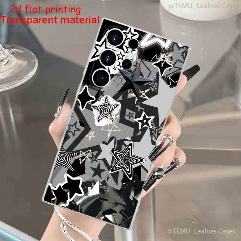 حافظة هاتف بطباعة ثنائية الأبعاد مسطحة، بتصميم أنيق وجميل وفاخر، نقشة نجوم سوداء وبيضاء مجردة مع تصاميم حلزونية متعددة الطبقات، لهاتف جالاكسي S24 بلس، ألوان مخلوطة 3 - Image 4