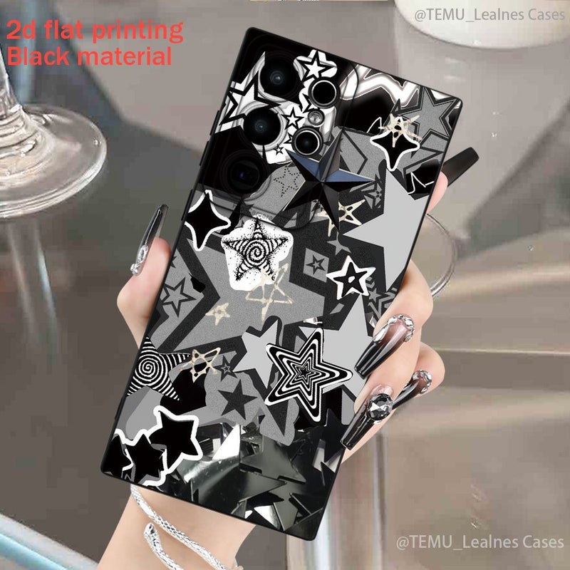 حافظة هاتف بطباعة ثنائية الأبعاد مسطحة، بتصميم أنيق وجميل وفاخر، نقشة نجوم سوداء وبيضاء مجردة مع تصاميم حلزونية متعددة الطبقات، لهاتف جالاكسي S24 بلس، ألوان مخلوطة 3 - Image 2