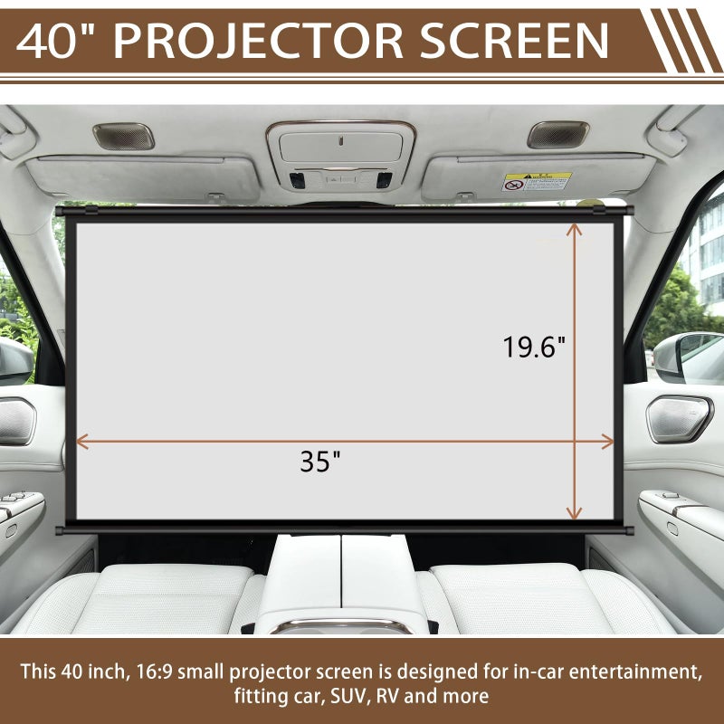 FEIJAZUM Projector Screen Small for Car, 40 inch 16:9, 4K HD, Portable Projection Screen Retractable, Manual Pull Down and Roll Up Mini Screen, Fitting Car, SUV, RV and More (Manual Rolling) - Image 3