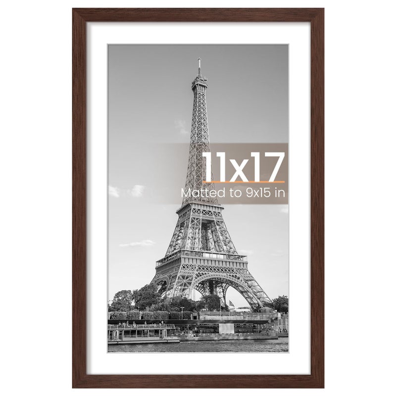 upsimples 11x17 Picture Frame, Display Pictures 9x15 with Mat or 11 x 17 Without, Wall Hanging Poster Frames, Brown, 1 Pack - Image 1