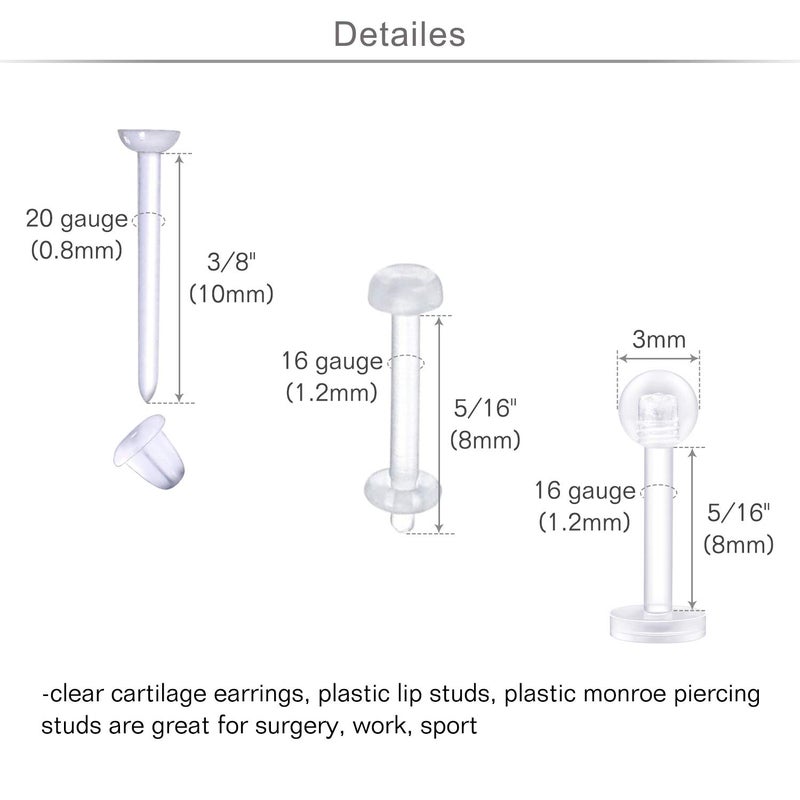 MODRSA 16g Clear Cartilage Earrings Stud Plastic Forward Helix Tragus Earring Medusa Lip Piercing Retainer Acrylic Bioflex Labret Lip Retainers for Work Sports Surgery 6mm 8mm 10mm - Image 2