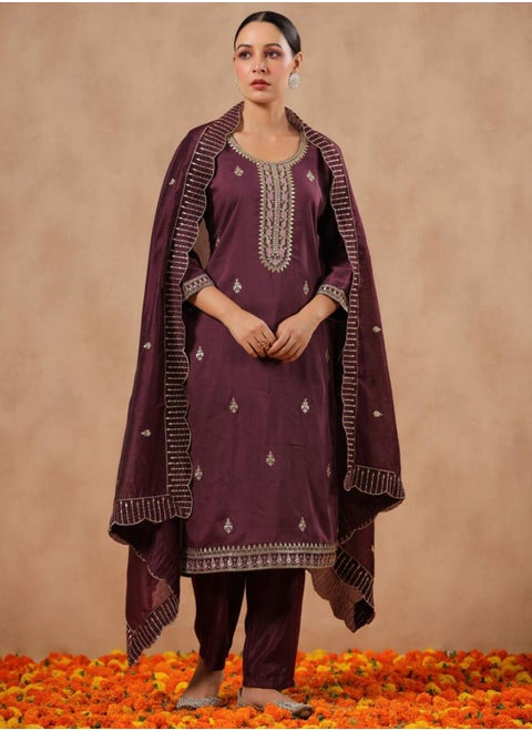 Women's Purple Polyester Blend Self Design Full Length Palazzo Kurta Set