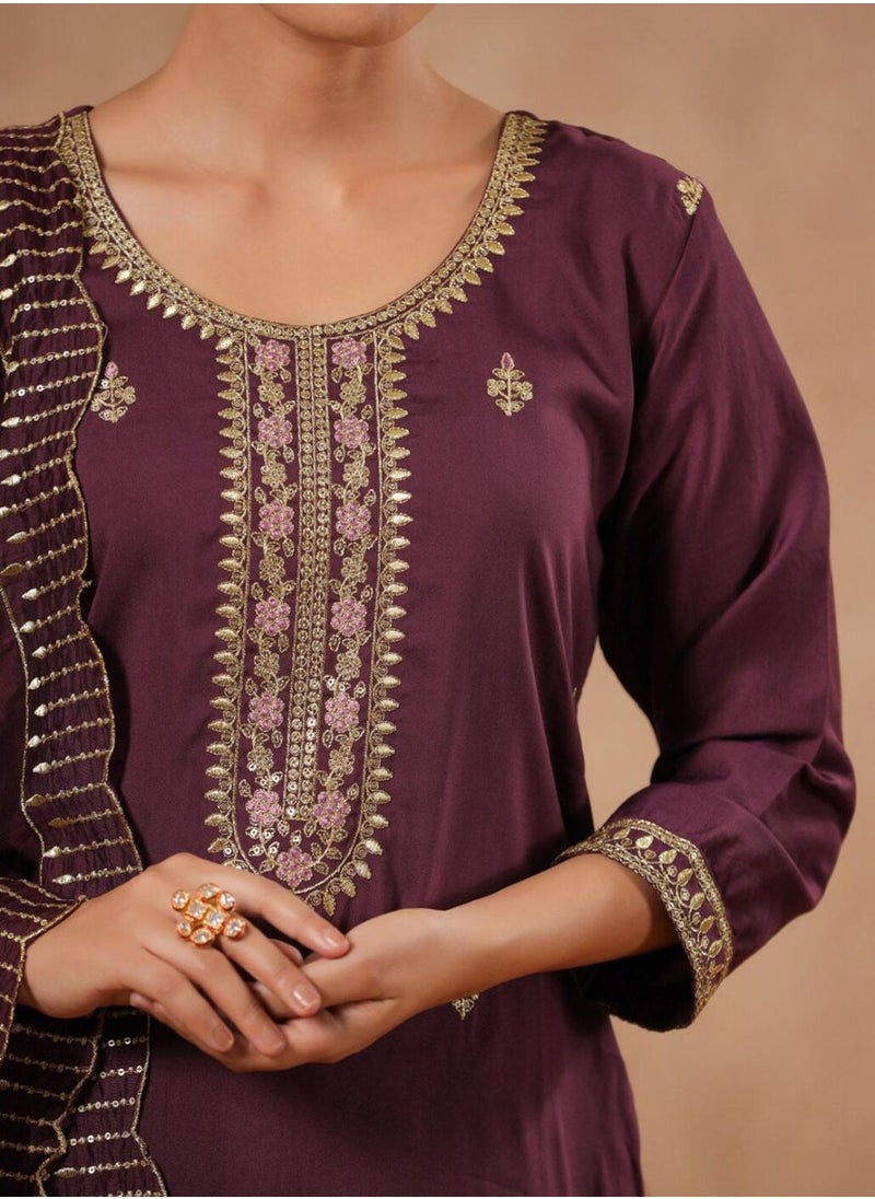 ISHIN - Women's Purple Polyester Blend Self Design Full Length Palazzo Kurta Set - Image 1