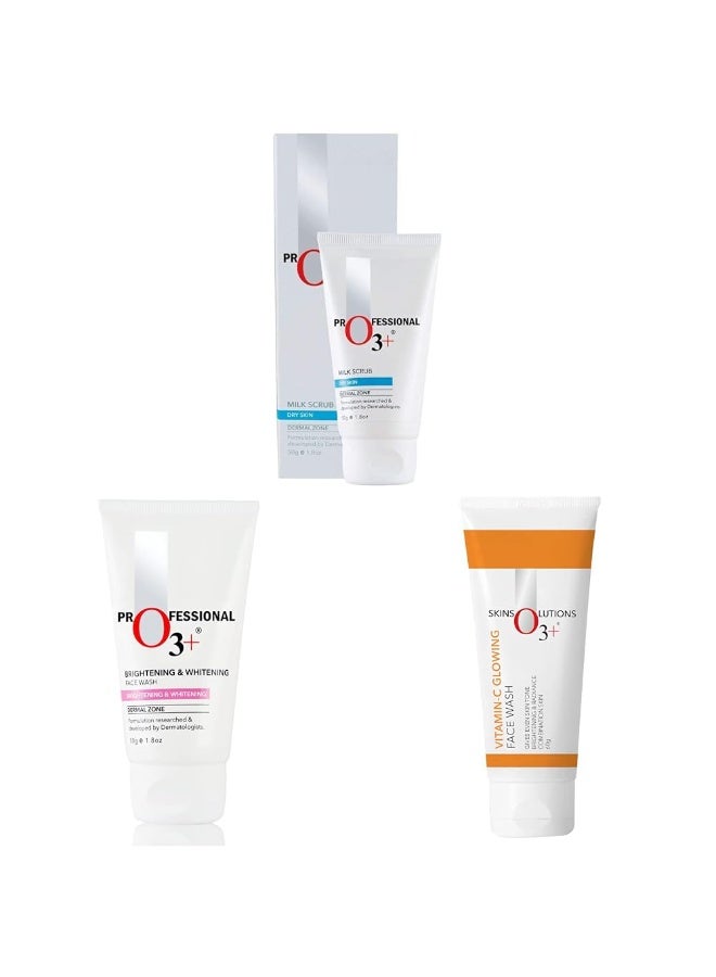O3+ Milk Scrub Enriched with Macadamia Nuts Extracts for Clean & O3+ Brightening and Whitening Face Wash, 50g & O3+ Vitamin C Face Wash Glow For Daily Brightening & Gentle Cleansing 60g - Image 1