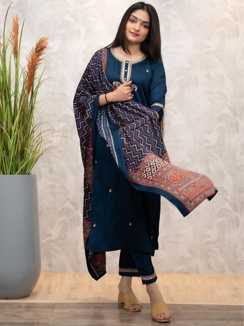 Naixa Women's Chanderi Silk Embroidered Straight Kurta with Pant and Dupatta Sets (NX-MV-628-Petrol-M) - Image 3