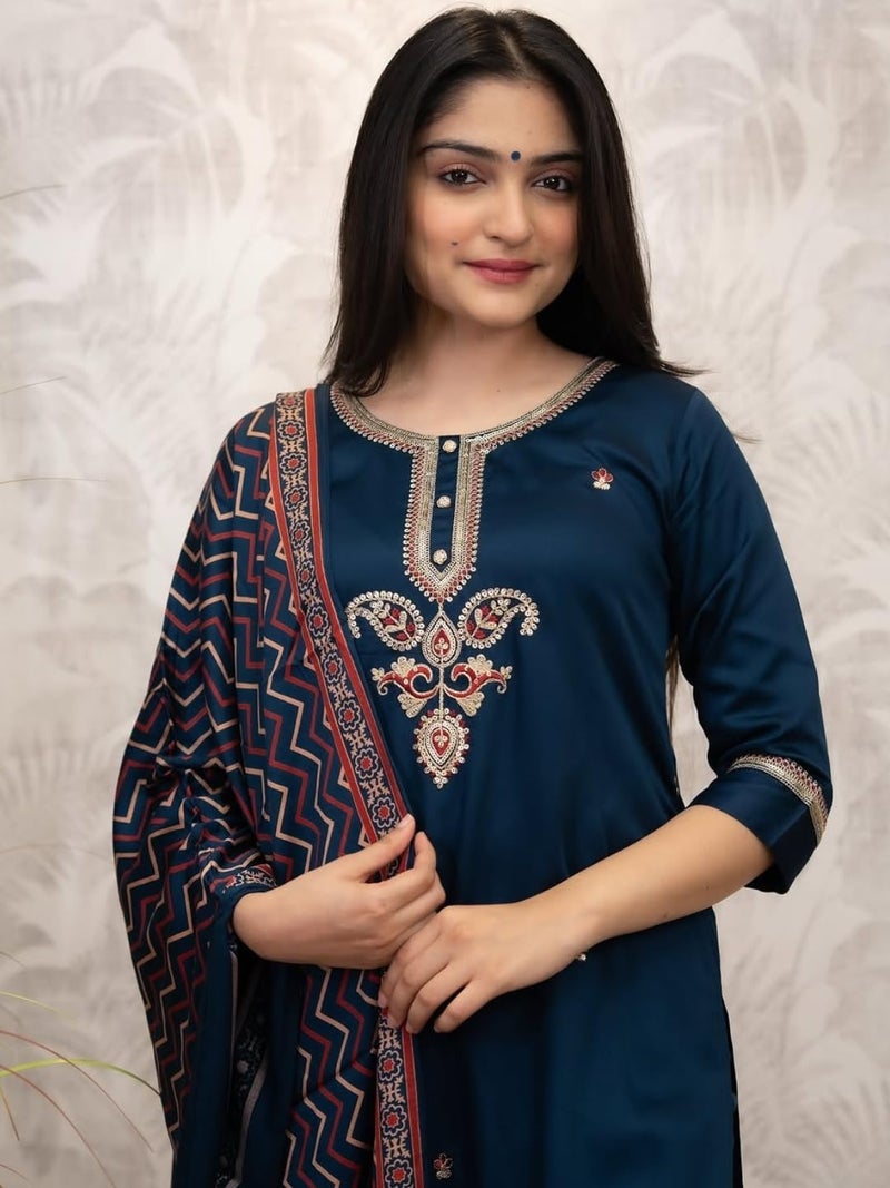 Naixa Women's Chanderi Silk Embroidered Straight Kurta with Pant and Dupatta Sets (NX-MV-628-Petrol-M) - Image 5