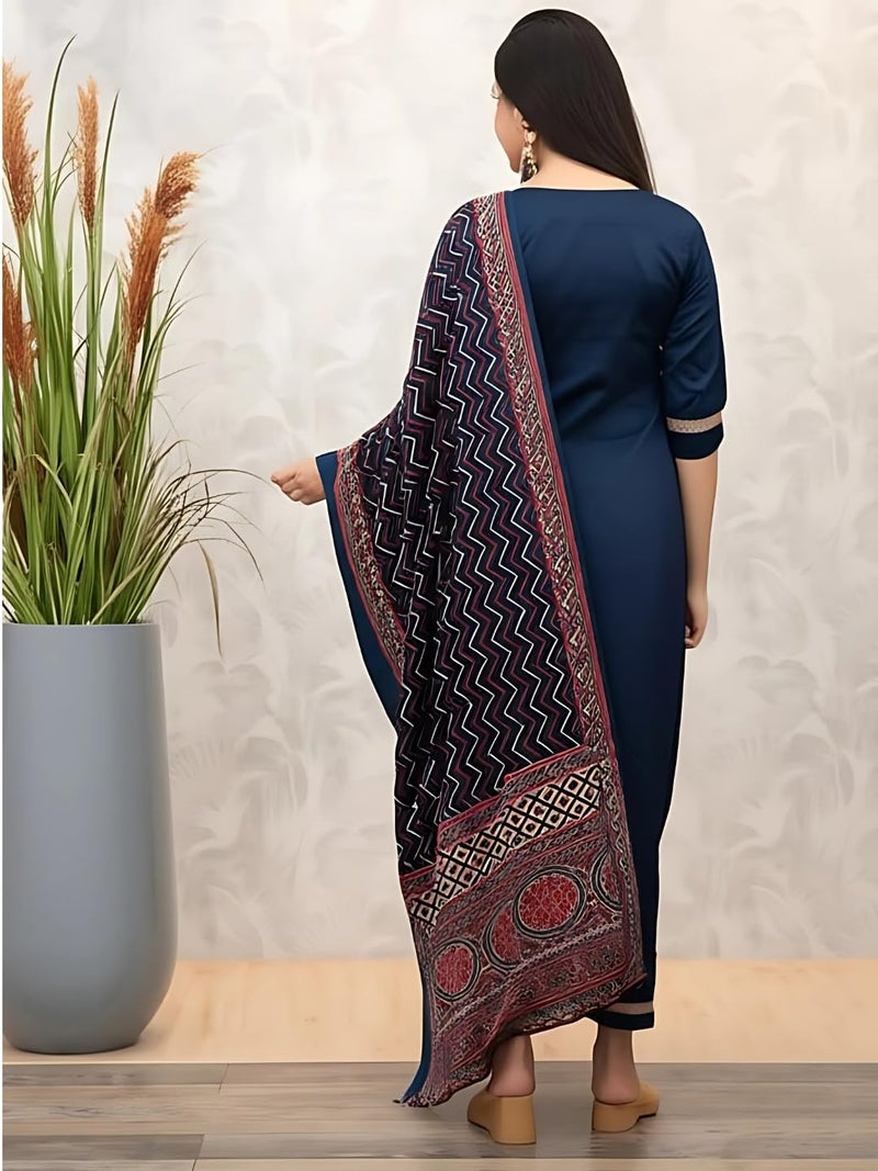 Naixa Women's Chanderi Silk Embroidered Straight Kurta with Pant and Dupatta Sets (NX-MV-628-Petrol-M) - Image 4