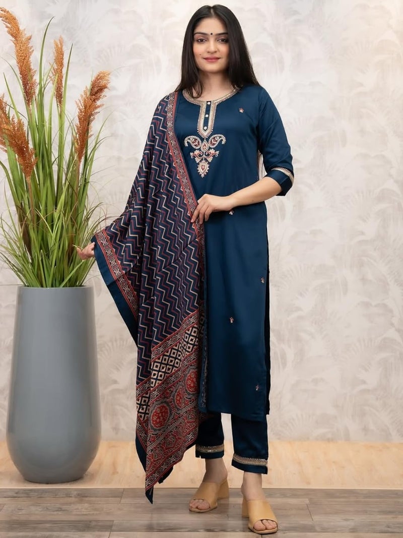 Naixa Women's Chanderi Silk Embroidered Straight Kurta with Pant and Dupatta Sets (NX-MV-628-Petrol-M) - Image 2