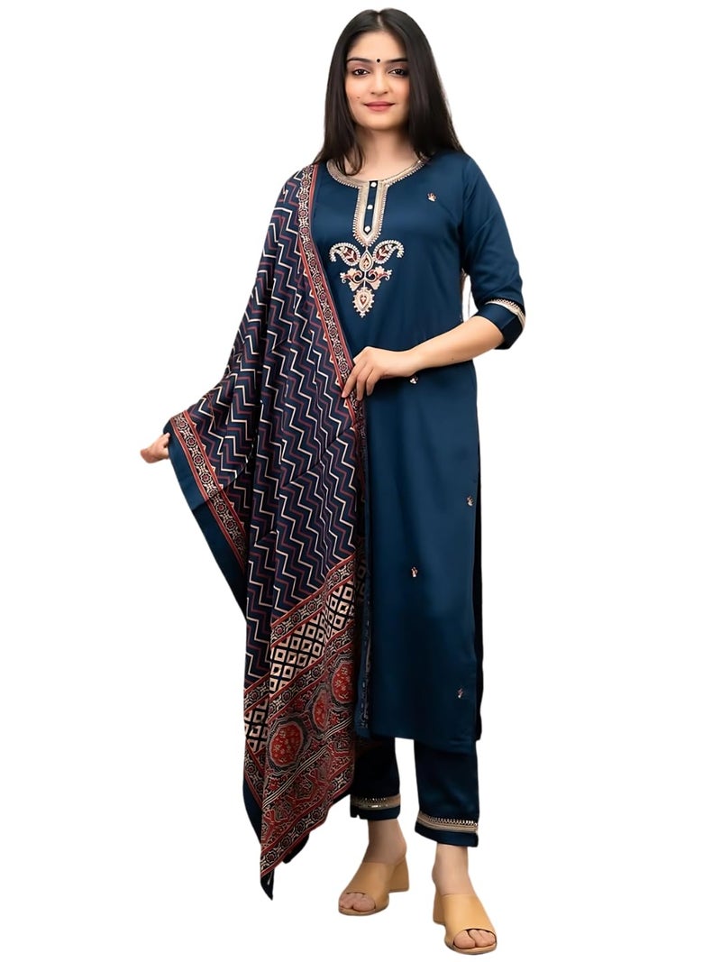 Naixa Women's Chanderi Silk Embroidered Straight Kurta with Pant and Dupatta Sets (NX-MV-628-Petrol-M) - Image 1