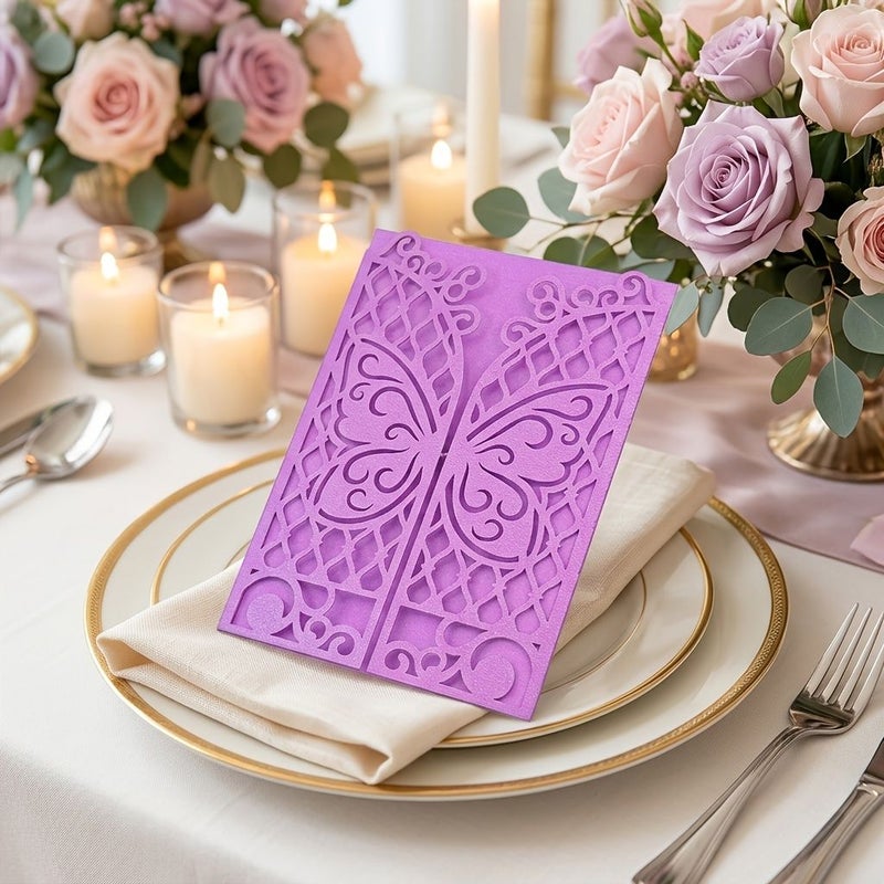 48pcs Pearlescent Pink Laser Cut Butterfly Invitation Cards with Envelopes - Image 4
