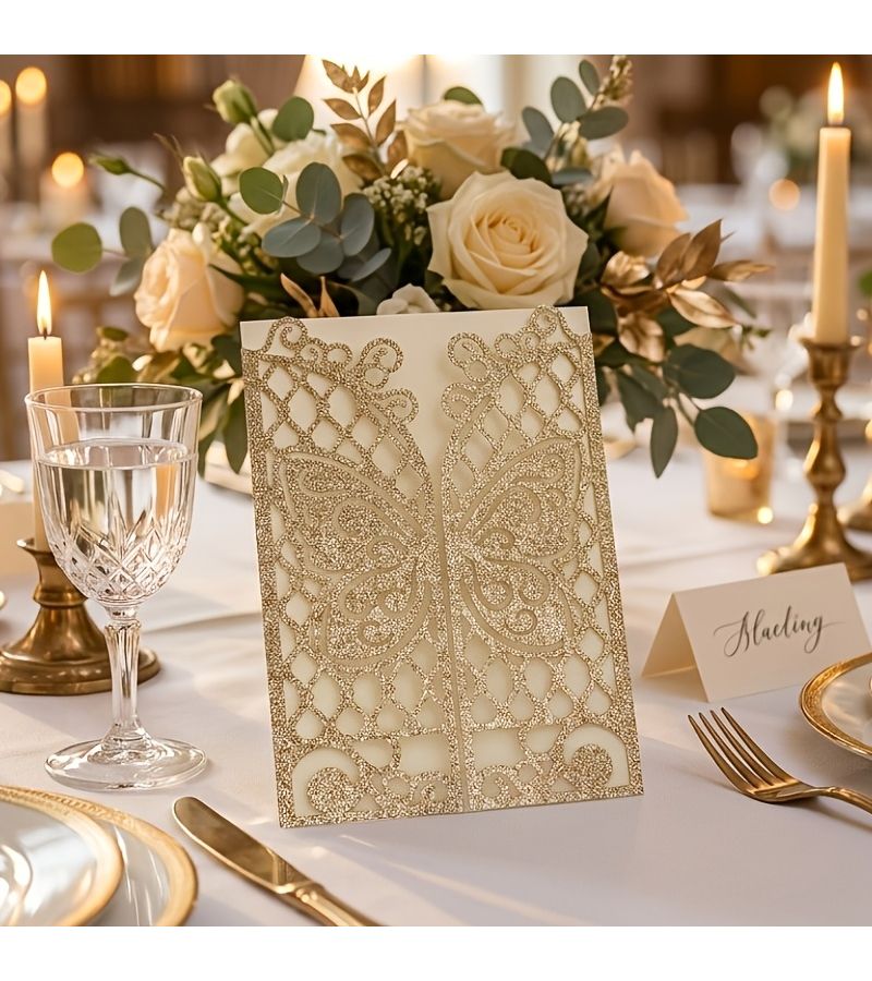 48pcs Pearlescent Pink Laser Cut Butterfly Invitation Cards with Envelopes - Image 1