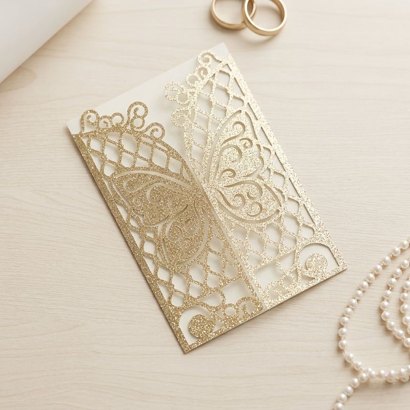 48pcs Pearlescent Pink Laser Cut Butterfly Invitation Cards with Envelopes - Image 2