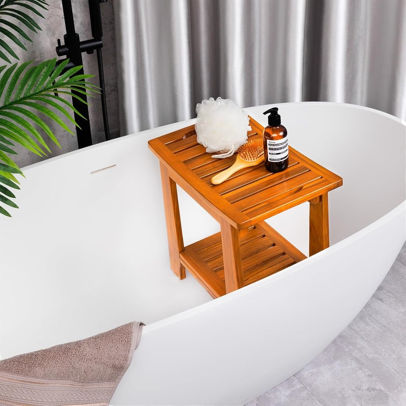 NNN 18" Standard Teak Shower Bench with Shelf & Handle - Waterproof, Non-Slip Bath Stool, 300 lbs Capacity - Fits Standard Tubs/Showers & Outdoor Use (Patented) - Image 4