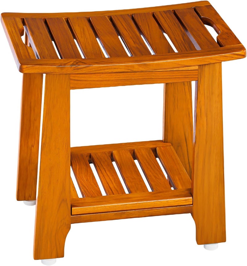 NNN 18" Standard Teak Shower Bench with Shelf & Handle - Waterproof, Non-Slip Bath Stool, 300 lbs Capacity - Fits Standard Tubs/Showers & Outdoor Use (Patented) - Image 1