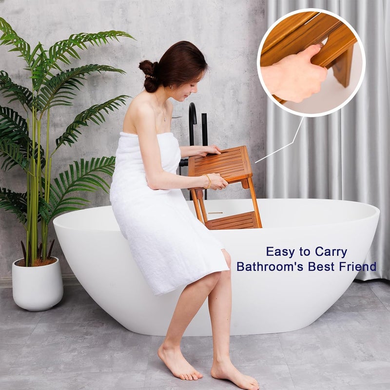 NNN 18" Standard Teak Shower Bench with Shelf & Handle - Waterproof, Non-Slip Bath Stool, 300 lbs Capacity - Fits Standard Tubs/Showers & Outdoor Use (Patented) - Image 5