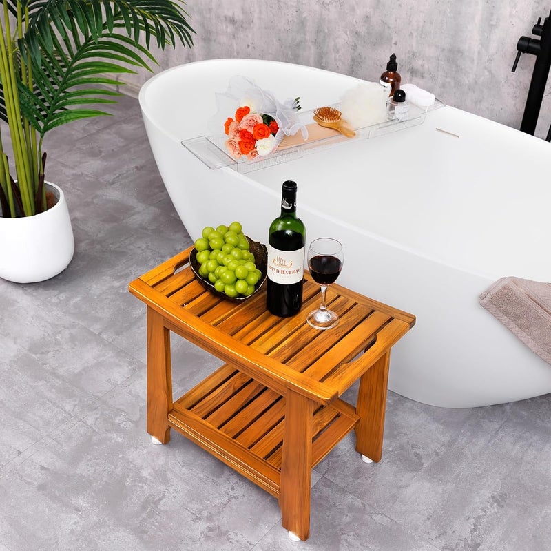 NNN 18" Standard Teak Shower Bench with Shelf & Handle - Waterproof, Non-Slip Bath Stool, 300 lbs Capacity - Fits Standard Tubs/Showers & Outdoor Use (Patented) - Image 2