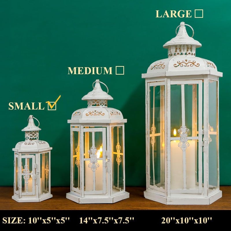 JHY DESIGN مصباح شموع تزييني من تصميم JHY، ارتفاعه 25 سم، بستيل عتيق، مع حامل شموع معدني، مناسب للأحداث الداخلية والخارجية، المناسبات الرسمية، وحفلات الزفاف (لون أبيض مع طلاء ذهبي بفرشاة). - Image 1
