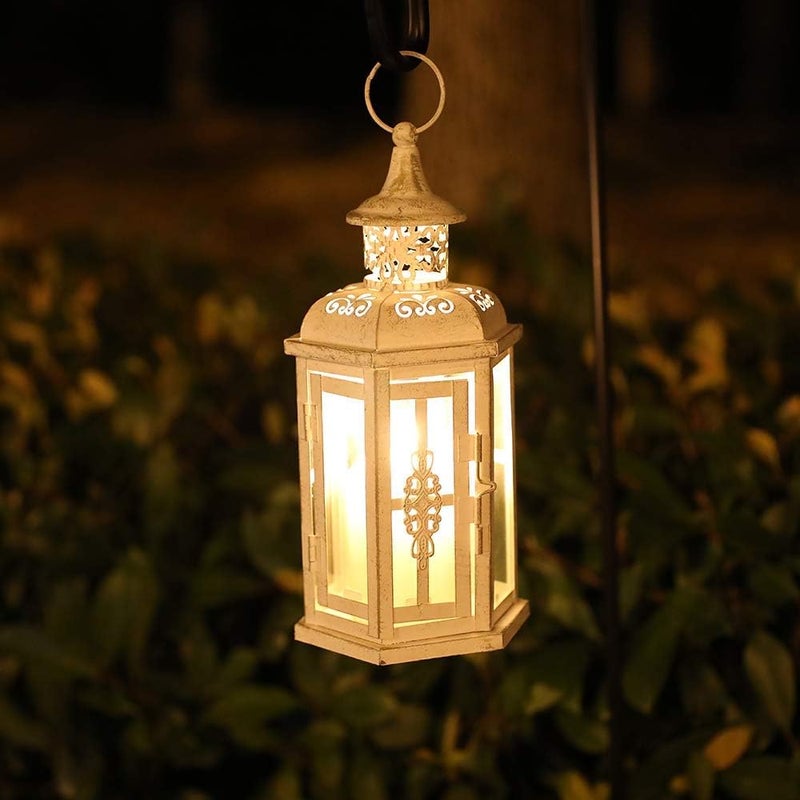 JHY DESIGN مصباح شموع تزييني من تصميم JHY، ارتفاعه 25 سم، بستيل عتيق، مع حامل شموع معدني، مناسب للأحداث الداخلية والخارجية، المناسبات الرسمية، وحفلات الزفاف (لون أبيض مع طلاء ذهبي بفرشاة). - Image 5