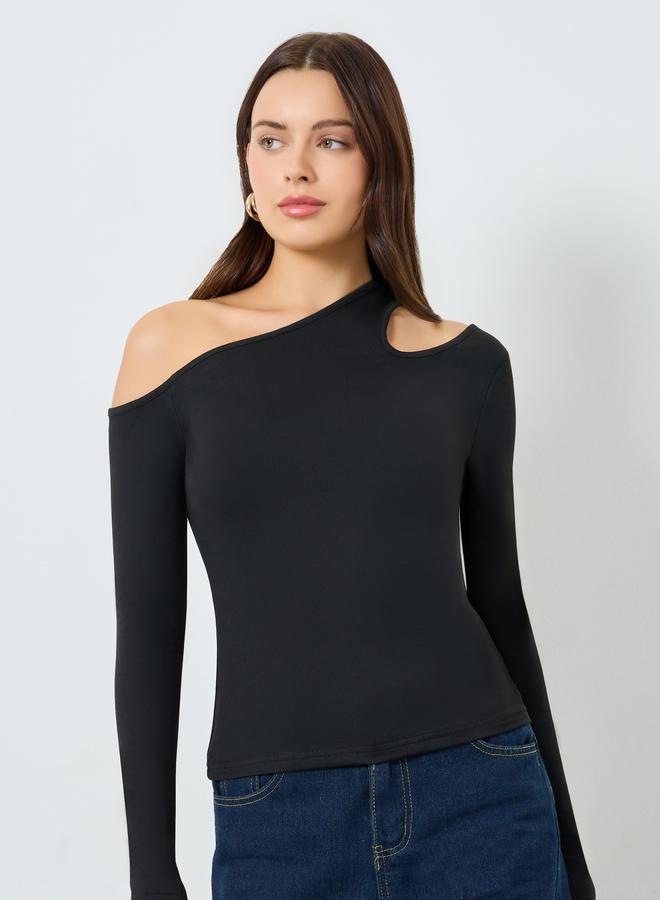 Styli Black Cut Out Detail Long Sleeve T-Shirt - Image 3