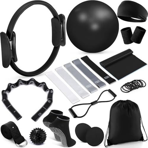 Poen 18 Pcs Home Pilates Ball and Ring Circle Set Yoga Fitness Essentials Kit with 5 Resistance Band Stretching Strap Non Slip Sock Ball Core Slider Wristband Headband Gym Bag for Women Black - Image 1