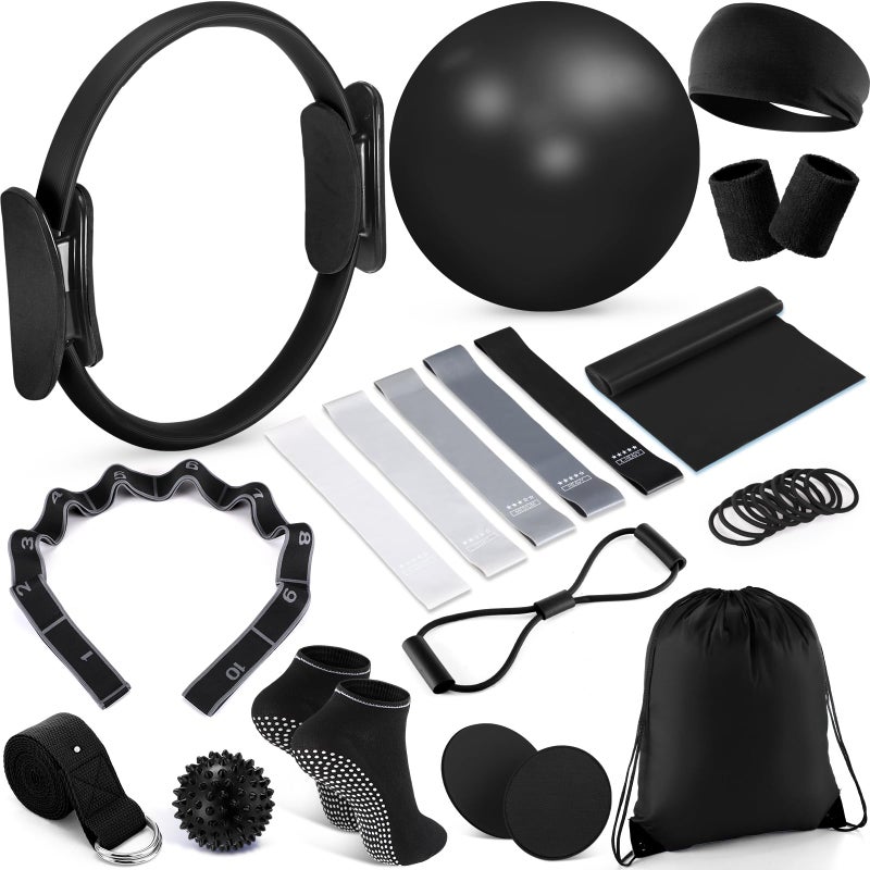 Poen 18 Pcs Home Pilates Ball and Ring Circle Set Yoga Fitness Essentials Kit with 5 Resistance Band Stretching Strap Non Slip Sock Ball Core Slider Wristband Headband Gym Bag for Women Black - Image 2